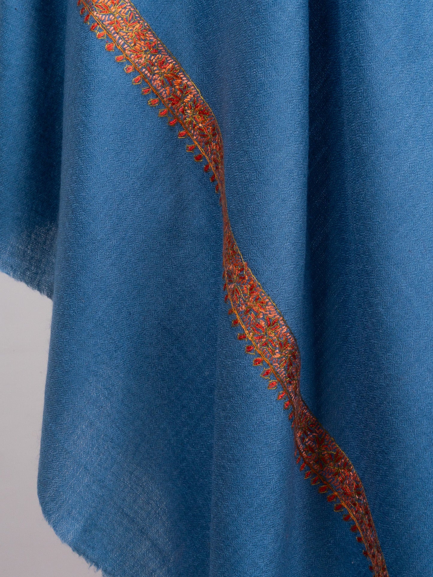 2.5 Yards Sozni Hand Embroidered Shawl in Ocean Teal Heritage Border