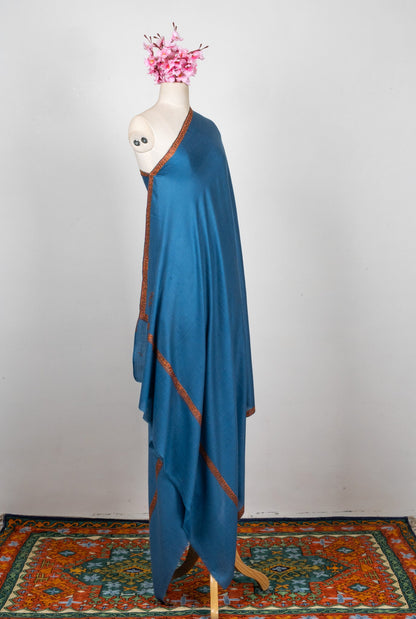2.5 Yards Sozni Hand Embroidered Shawl in Ocean Teal Heritage Border