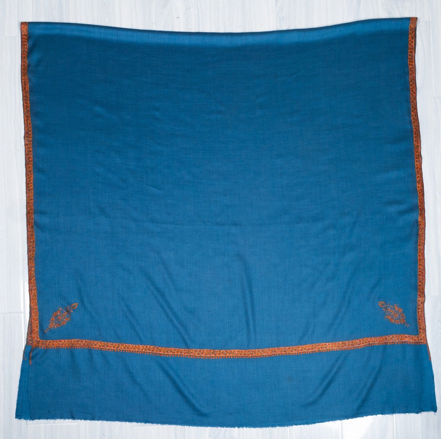 2.5 Yards Sozni Hand Embroidered Shawl in Ocean Teal Heritage Border