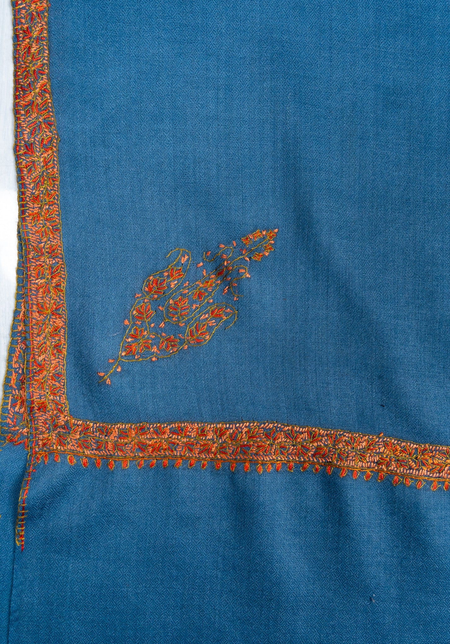 2.5 Yards Sozni Hand Embroidered Shawl in Ocean Teal Heritage Border