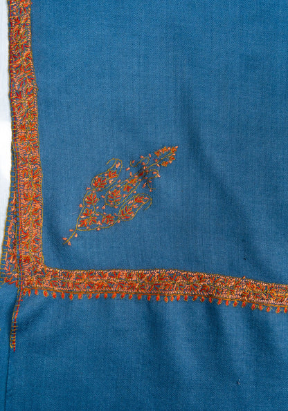 2.5 Yards Sozni Hand Embroidered Shawl in Ocean Teal Heritage Border