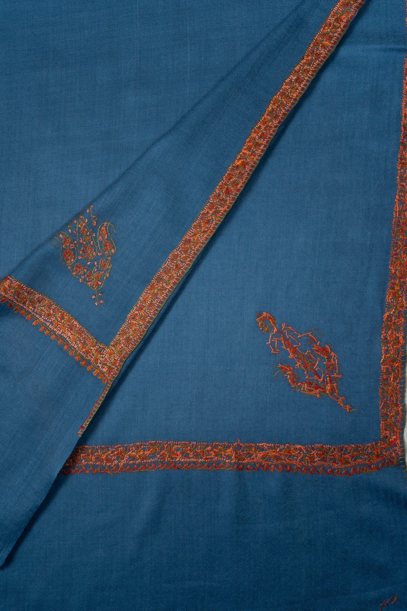 2.5 Yards Sozni Hand Embroidered Shawl in Ocean Teal Heritage Border