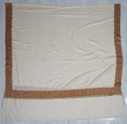 2.5 Yards Sozni Hand Embroidered Shawl in Classic Ivory Gold Border