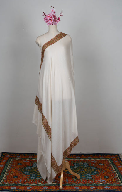 2.5 Yards Sozni Hand Embroidered Shawl in Classic Ivory Gold Border