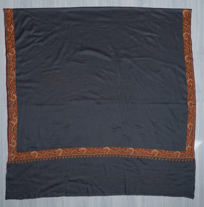 2.5 Yards Sozni Hand Embroidered Shawl in Deep Teal Floral Border
