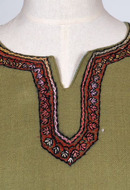 Olive Paisley Sozni Hand Embroidered Pheran