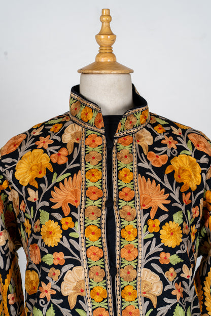 Noor-e-Zafran: Aari Embroidered Long Jacket in Black Base