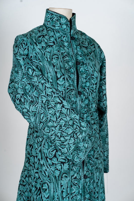 Sheherzaad Teal: Long Jacket with Aari Embroidery