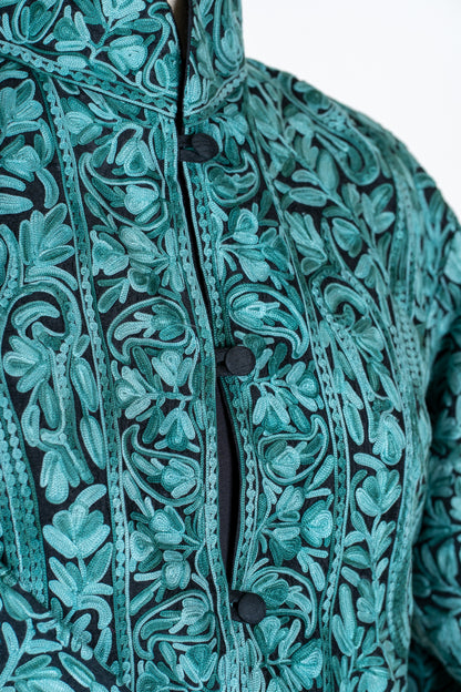 Sheherzaad Teal: Long Jacket with Aari Embroidery