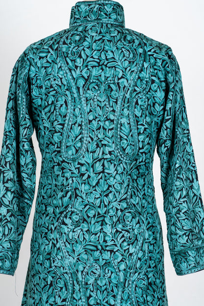 Sheherzaad Teal: Long Jacket with Aari Embroidery