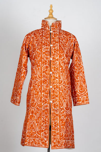 Kesar Aura: Aari Embroidered Long Jacket in Fiery Saffron