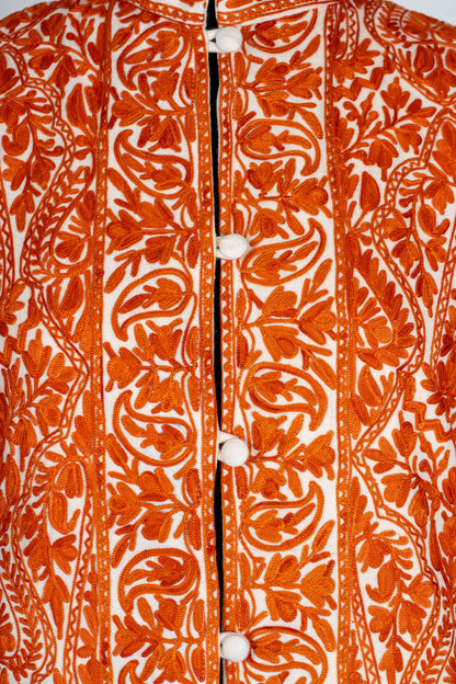 Kesar Aura: Aari Embroidered Long Jacket in Fiery Saffron