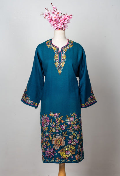 Floral Tapestry Sozni Hand Embroidered Fine Merino Wool Pheran