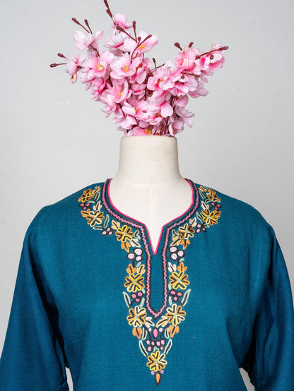 Floral Tapestry Sozni Hand Embroidered Fine Merino Wool Pheran