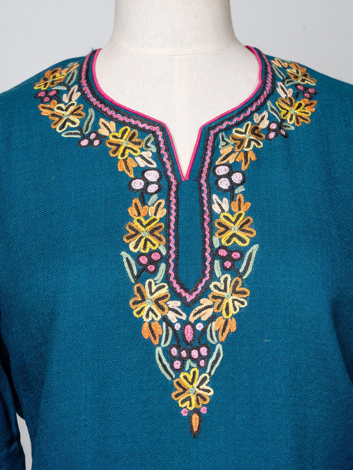Floral Tapestry Sozni Hand Embroidered Fine Merino Wool Pheran