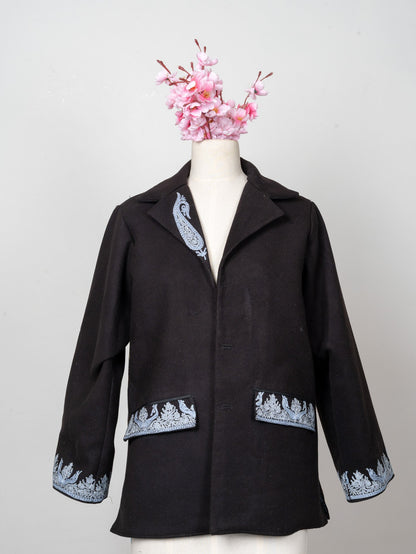 Midnight Laurel: Aari Embroidered Fine Merino Wool Jacket
