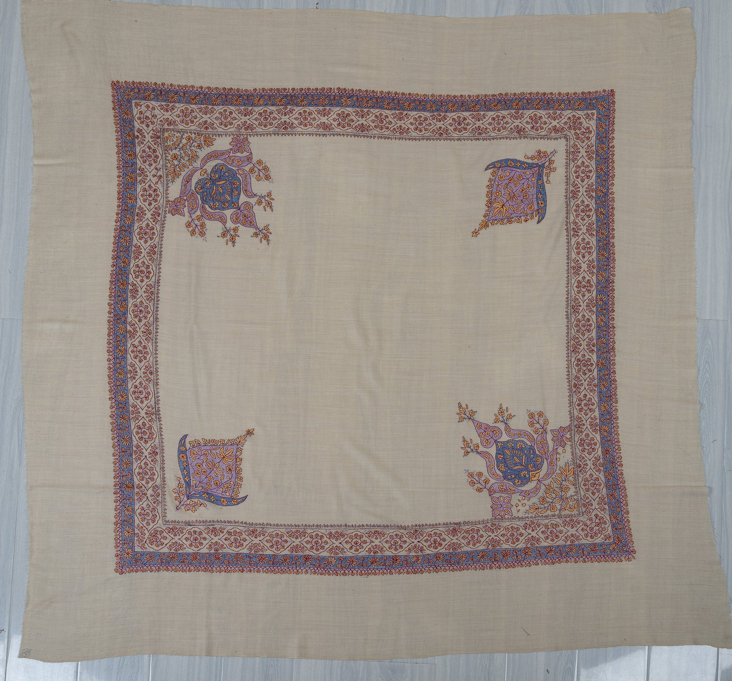 Pearl Azure Rumal — 58" Sozni Hand Embroidered