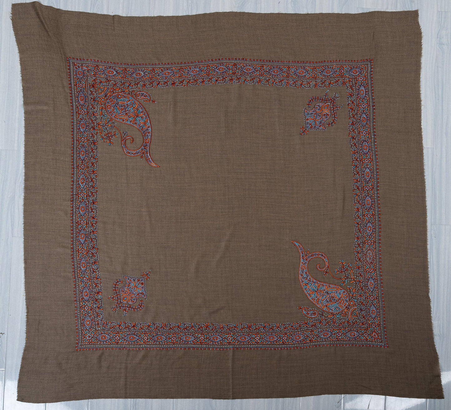 Burnt Cedar Rumal — 58" Sozni Hand Embroidered