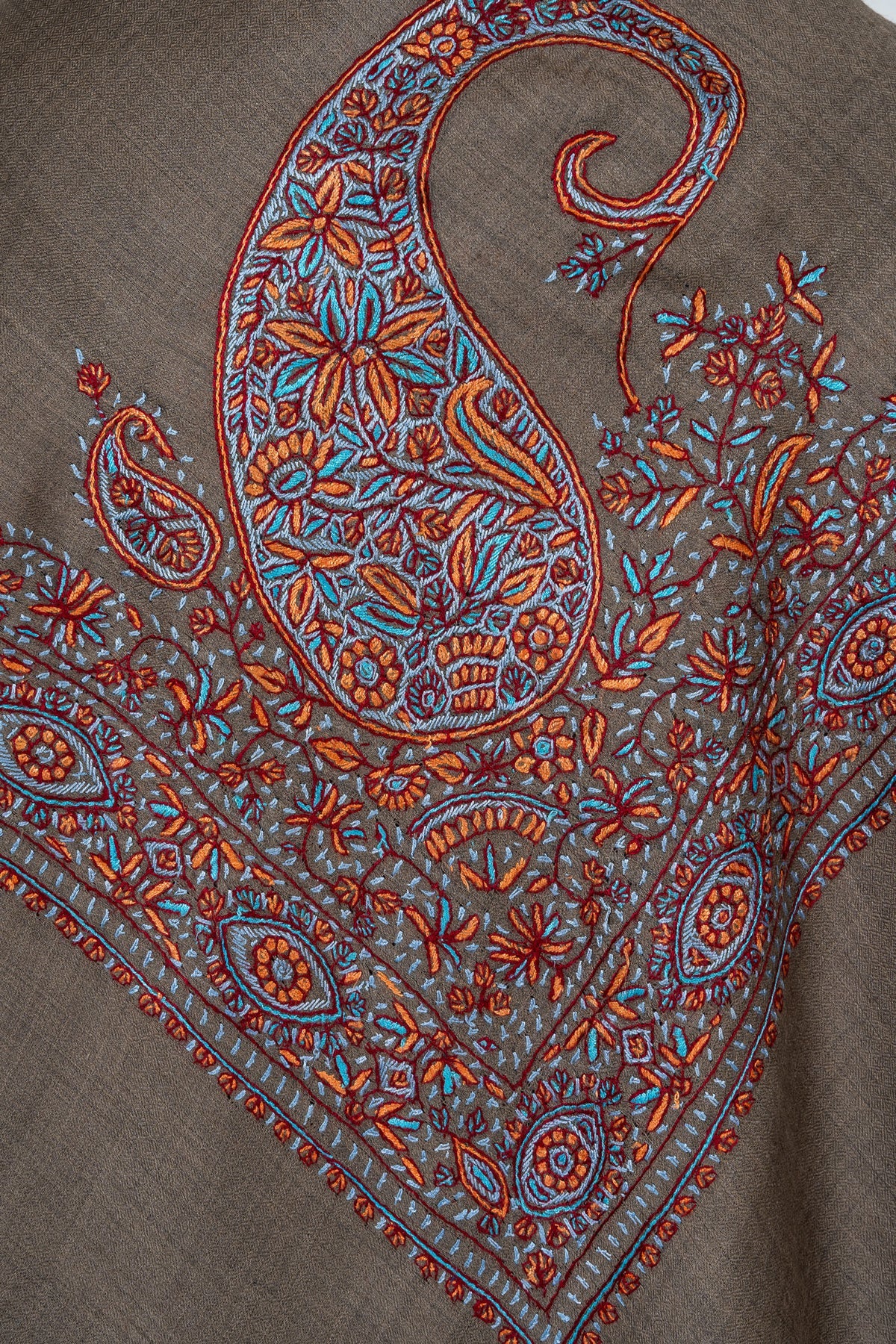 Burnt Cedar Rumal — 58" Sozni Hand Embroidered