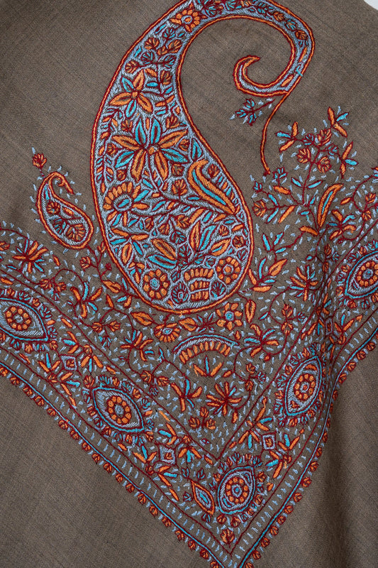 Burnt Cedar Rumal — 58" Sozni Hand Embroidered