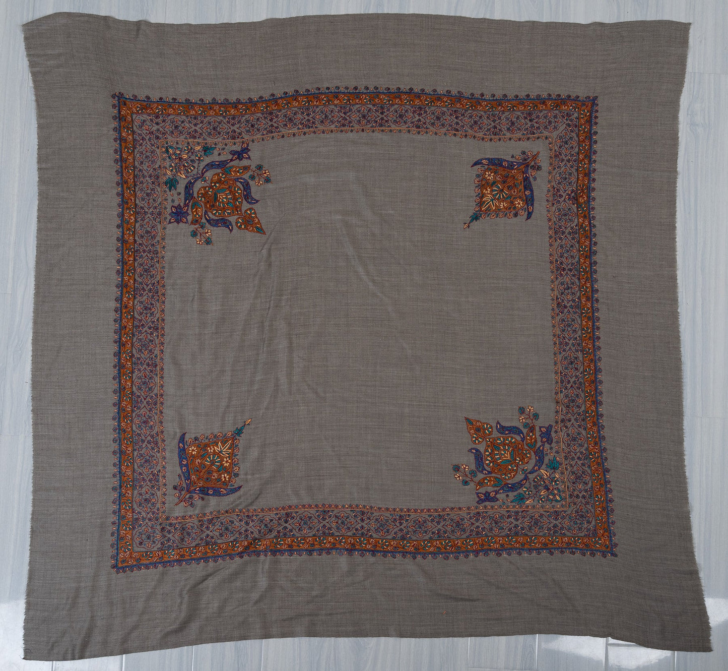 Slate Ember Rumal — 58" Sozni Hand Embroidered