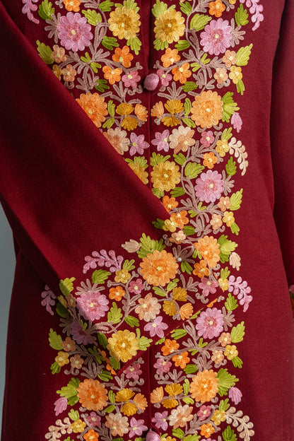 Ruby Blossom Kashmiri Aari Embroidery Long Jacket
