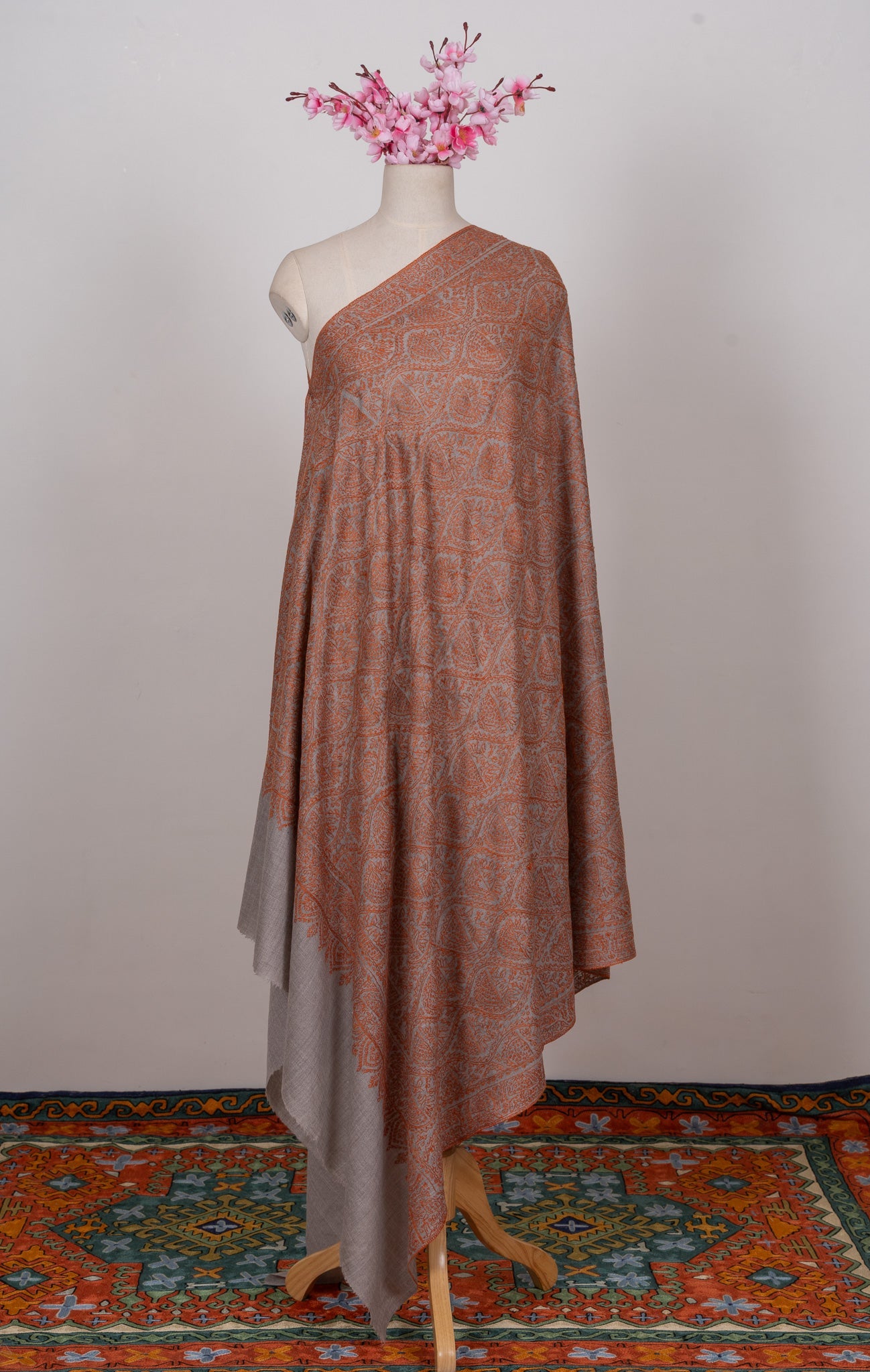 Rust Mosaic Jamawar 2.5 Yards Sozni Hand Embroidered Shawl