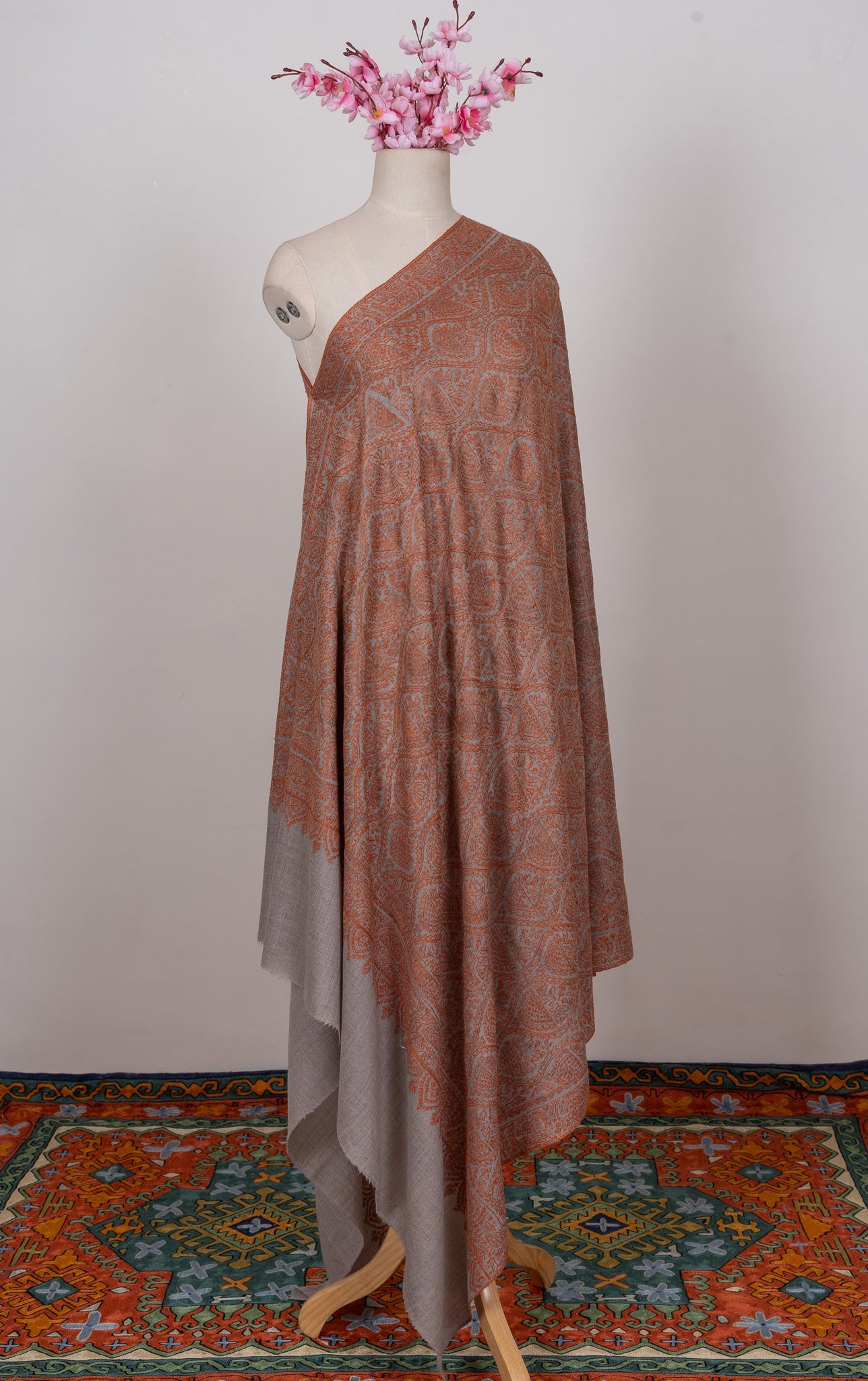 Rust Mosaic Jamawar 2.5 Yards Sozni Hand Embroidered Shawl