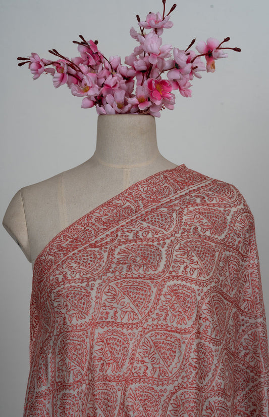 Ivory Rose Paisley Jamawar 2.5 Yards Sozni Hand Embroidered Shawl