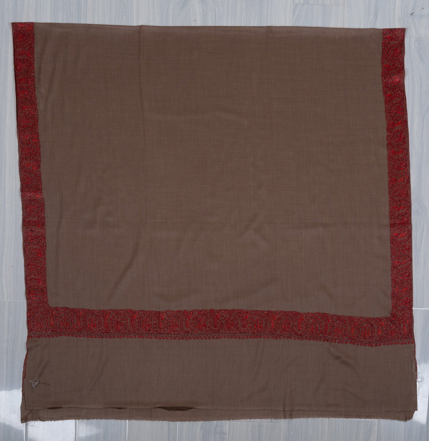 Taupe Crimson Border 2.5 Yards Sozni Hand Embroidered Shawl