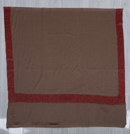 Taupe Crimson Border 2.5 Yards Sozni Hand Embroidered Shawl