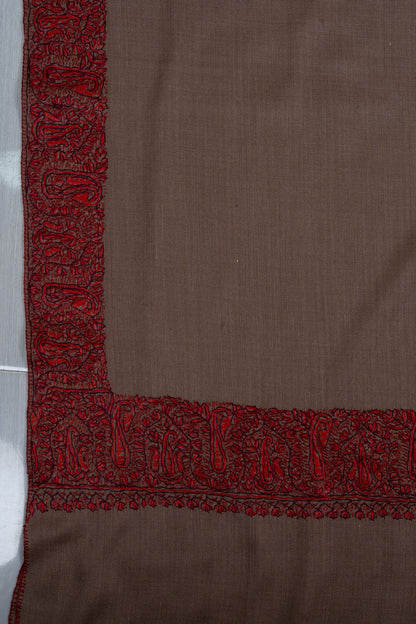 Taupe Crimson Border 2.5 Yards Sozni Hand Embroidered Shawl