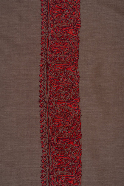 Taupe Crimson Border 2.5 Yards Sozni Hand Embroidered Shawl