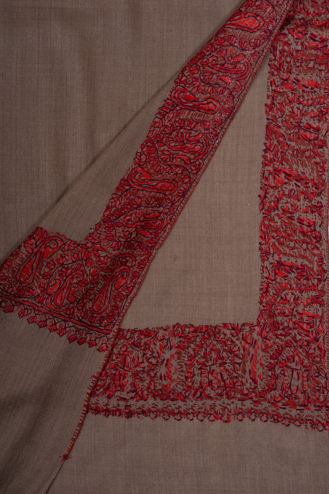 Taupe Crimson Border 2.5 Yards Sozni Hand Embroidered Shawl