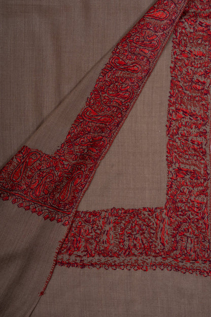 Taupe Crimson Border 2.5 Yards Sozni Hand Embroidered Shawl