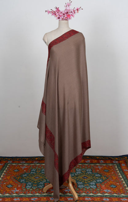 Taupe Crimson Border 2.5 Yards Sozni Hand Embroidered Shawl