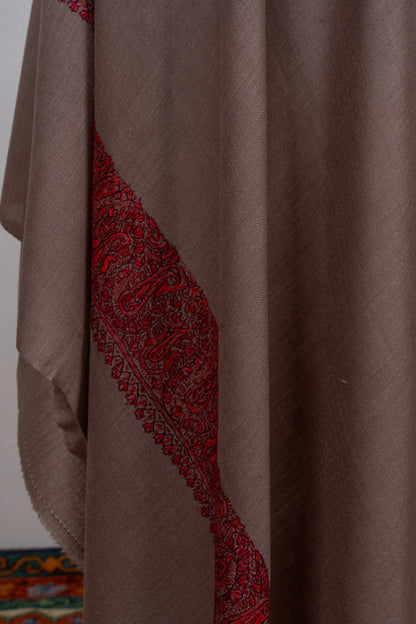 Taupe Crimson Border 2.5 Yards Sozni Hand Embroidered Shawl