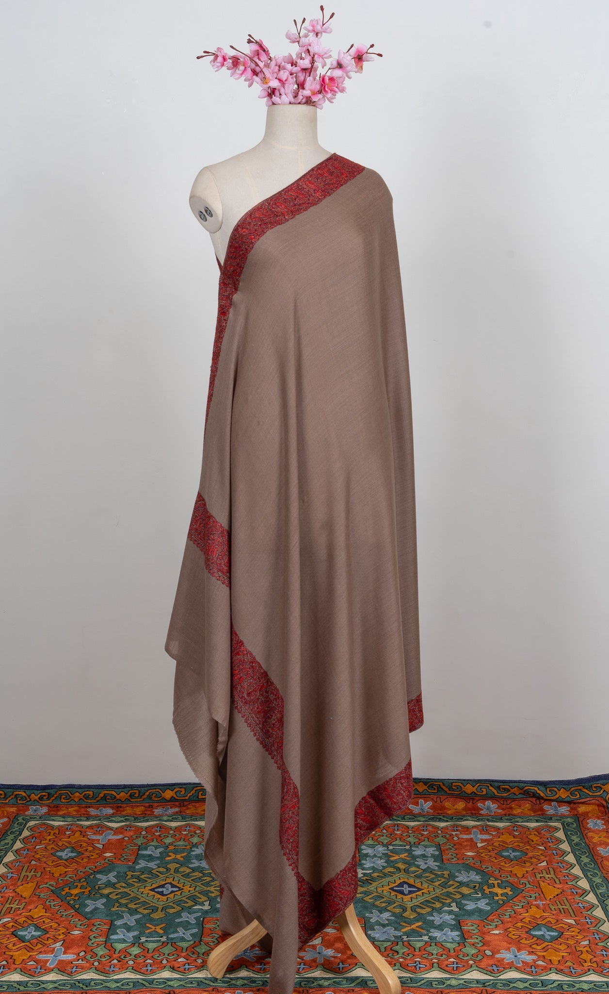 Taupe Crimson Border 2.5 Yards Sozni Hand Embroidered Shawl