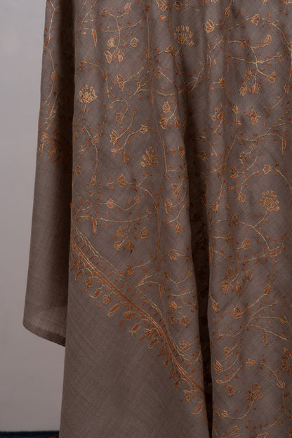 Golden Taupe Vine 2.5 Yards Sozni Hand Embroidered Shawl