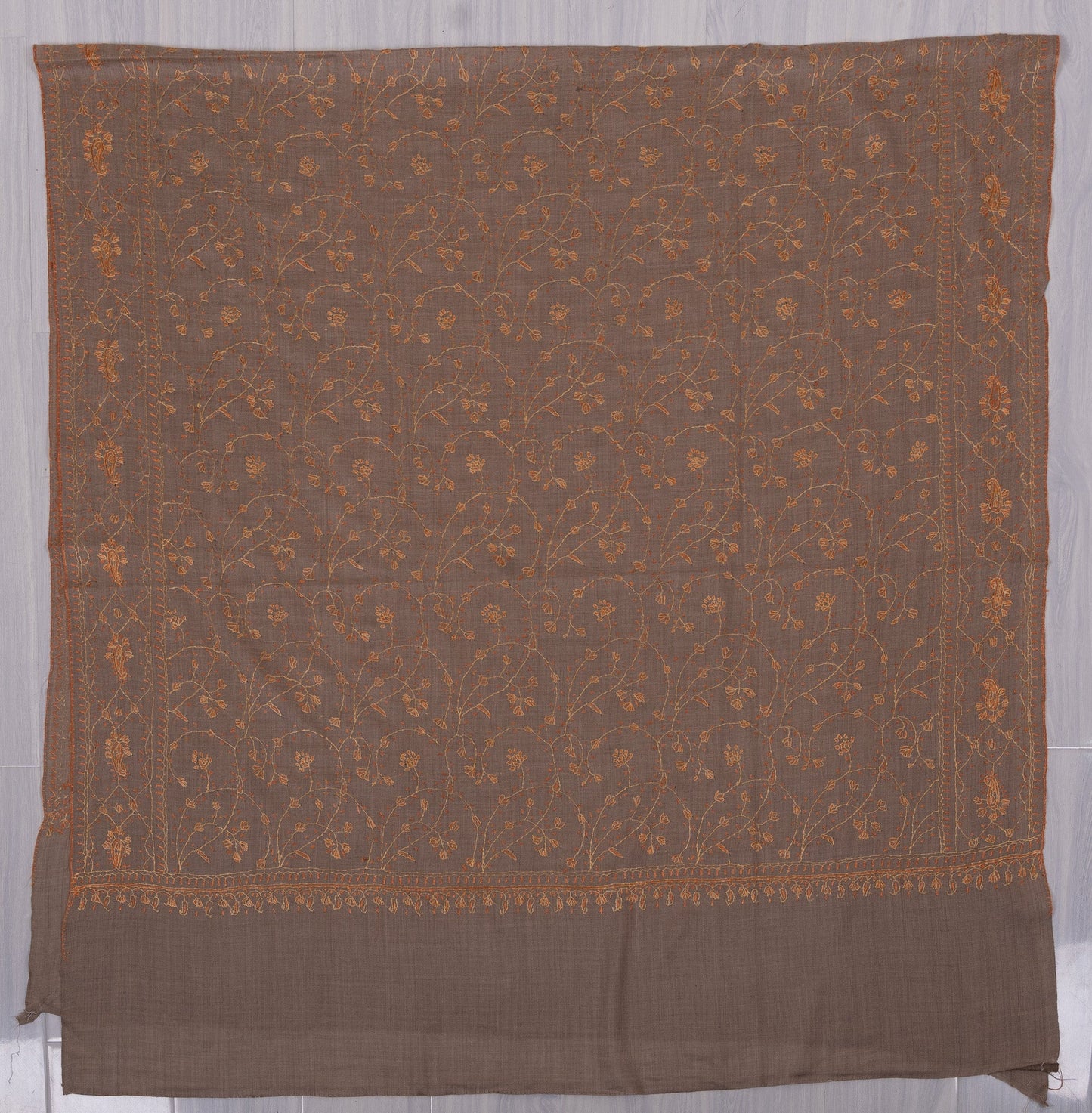 Golden Taupe Vine 2.5 Yards Sozni Hand Embroidered Shawl