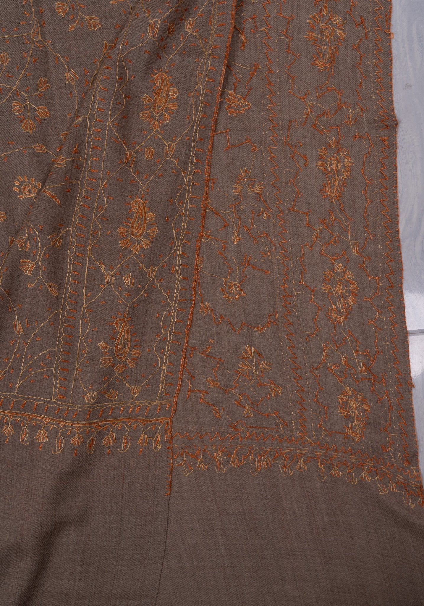 Golden Taupe Vine 2.5 Yards Sozni Hand Embroidered Shawl