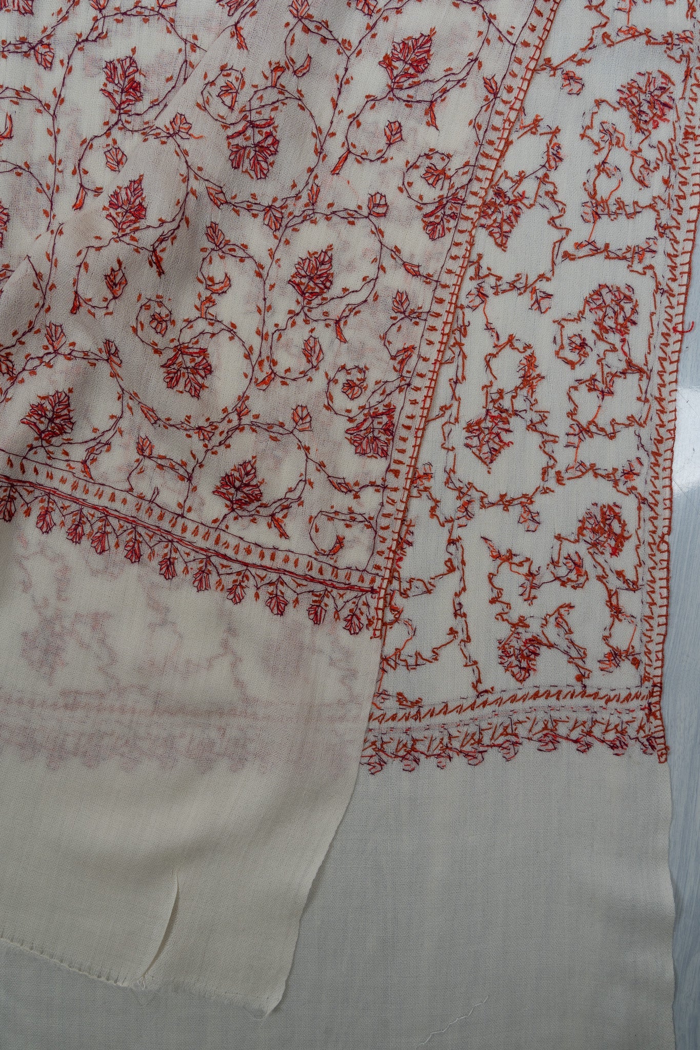 Ivory Rust Jaal 2.5 Yards Sozni Hand Embroidered Shawl