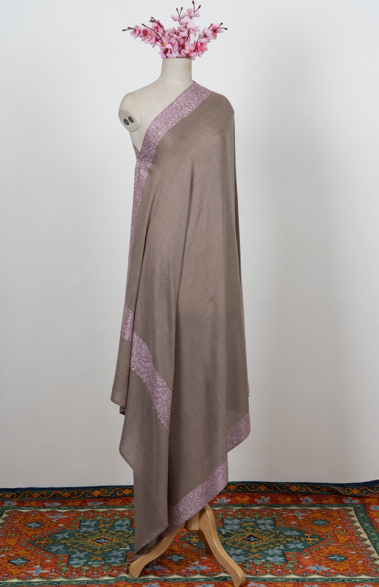 Taupe Blush Border 2.5 Yards Sozni Hand Embroidered Shawl