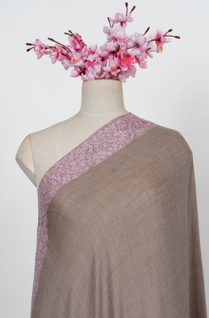 Taupe Blush Border 2.5 Yards Sozni Hand Embroidered Shawl