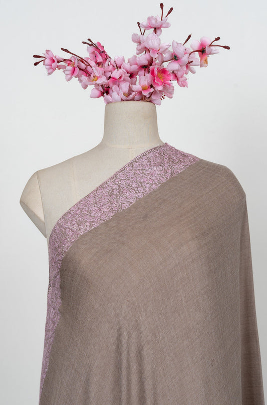Taupe Blush Border 2.5 Yards Sozni Hand Embroidered Shawl