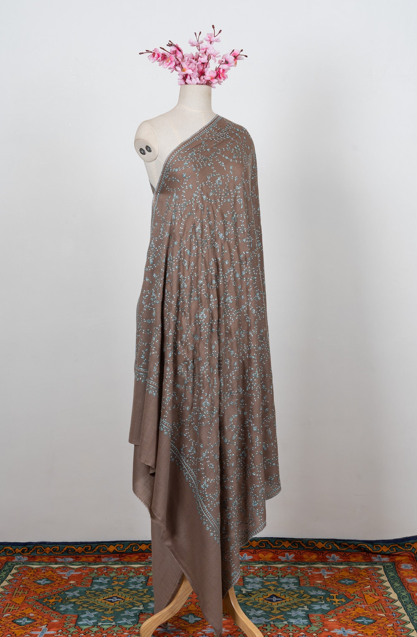 Cocoa Mist Jaal 2.5 Yards Sozni Hand Embroidered Shawl