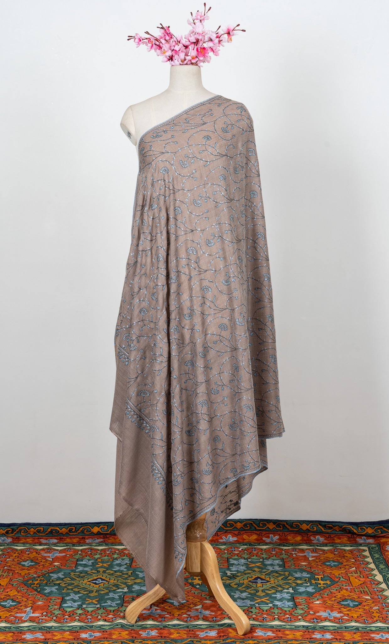 Mushroom Blue Vine 2.5 Yards Sozni Hand Embroidered Shawl