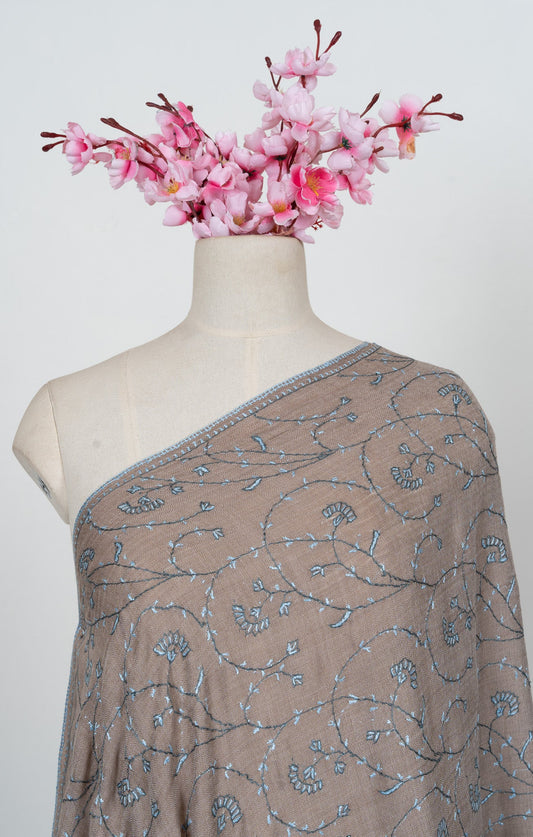 Mushroom Blue Vine 2.5 Yards Sozni Hand Embroidered Shawl