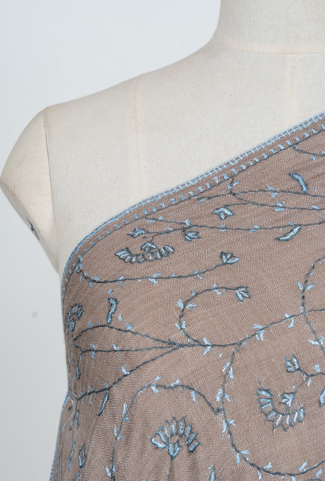 Mushroom Blue Vine 2.5 Yards Sozni Hand Embroidered Shawl