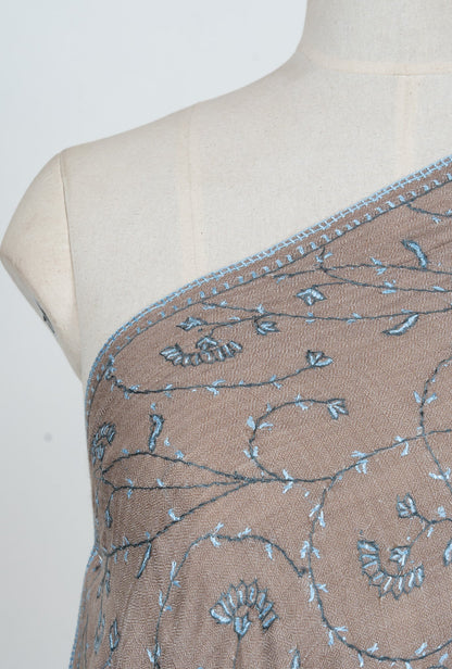 Mushroom Blue Vine 2.5 Yards Sozni Hand Embroidered Shawl